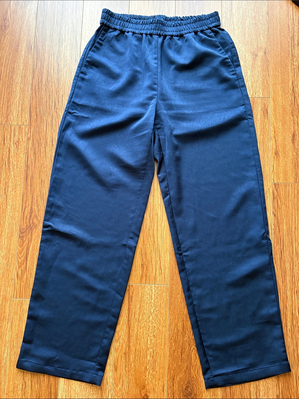 J. Crew Shiny Crinkled Wide-leg Pull-on Pants Navy Blue Petite XS EUC